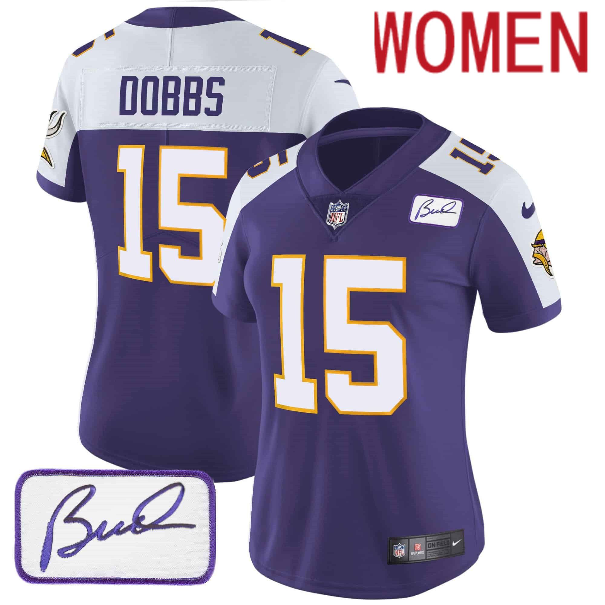 Women Minnesota Vikings #15 Dobbs Purple 2024 Nike Patch Classic Limited NFL Jersey